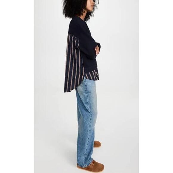 Jason Wu Crewneck Combo Striped Button Down Sweatshirt Navy Red Size Large - Picture 2 of 12
